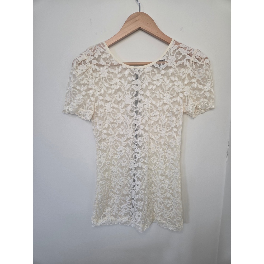 Y2K Moda International Cream Floral Lace Short Sleeve Top Black Back Zipper S
